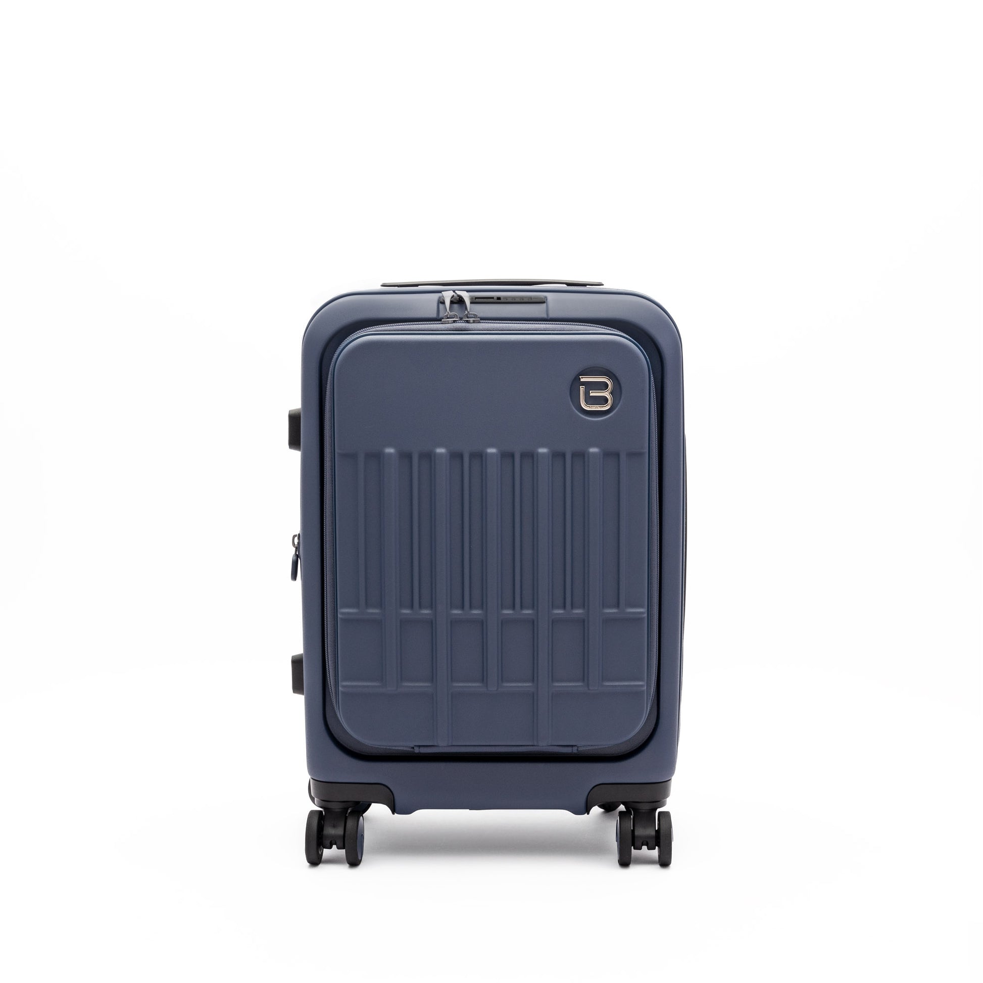 Beside-U Posh Voyage 20" navy carry-on with 4 wheels and anti-theft zipper, shown on white.
