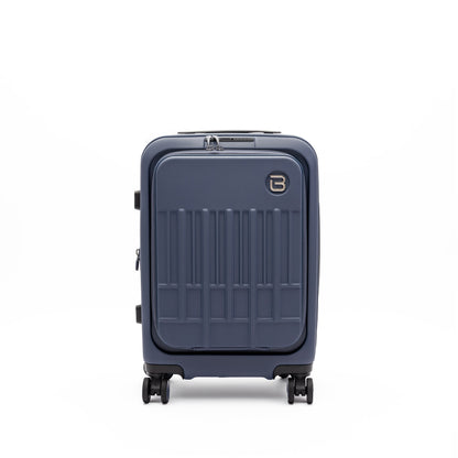 Beside-U Posh Voyage 20" navy carry-on with 4 wheels and anti-theft zipper, shown on white.