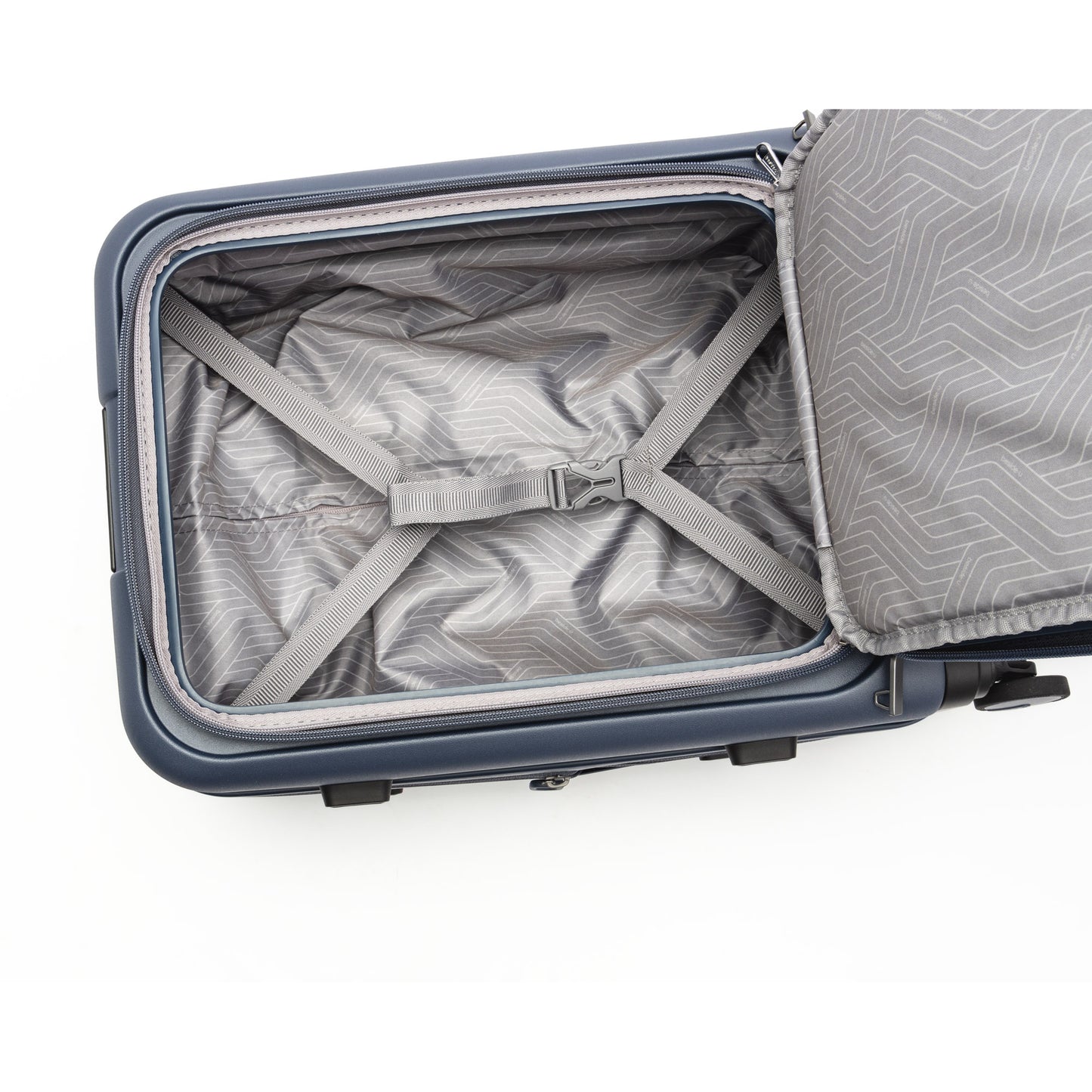 Beside-U Posh Voyage 20" carry-on: open polycarbonate suitcase with grey lining and crossed straps inside.