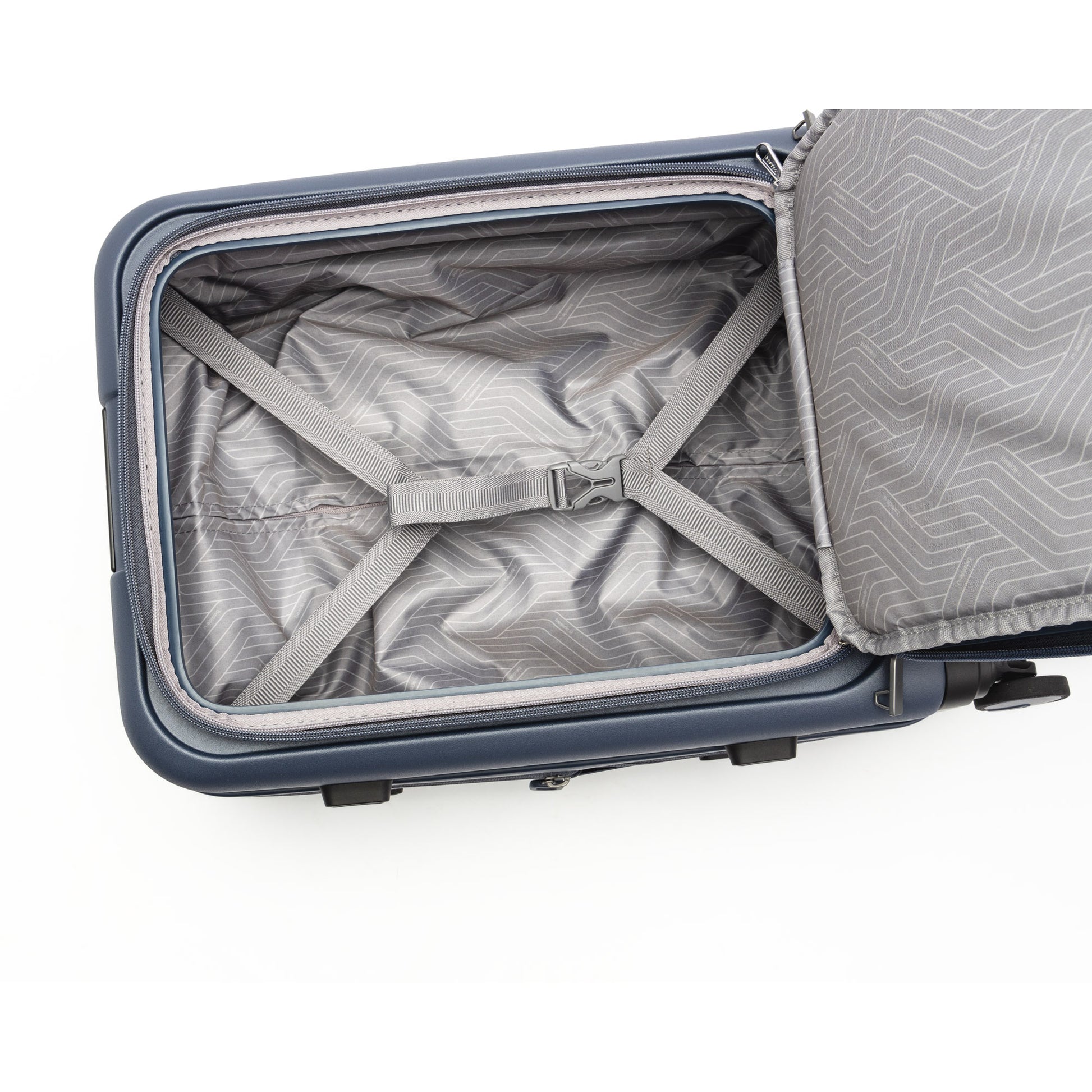 Beside-U Posh Voyage 20" carry-on: open polycarbonate suitcase with grey lining and crossed straps inside.