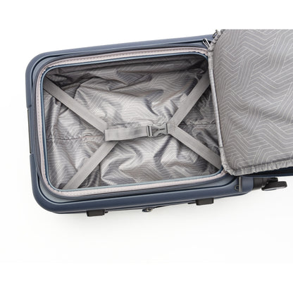Beside-U Posh Voyage 20" carry-on: open polycarbonate suitcase with grey lining and crossed straps inside.