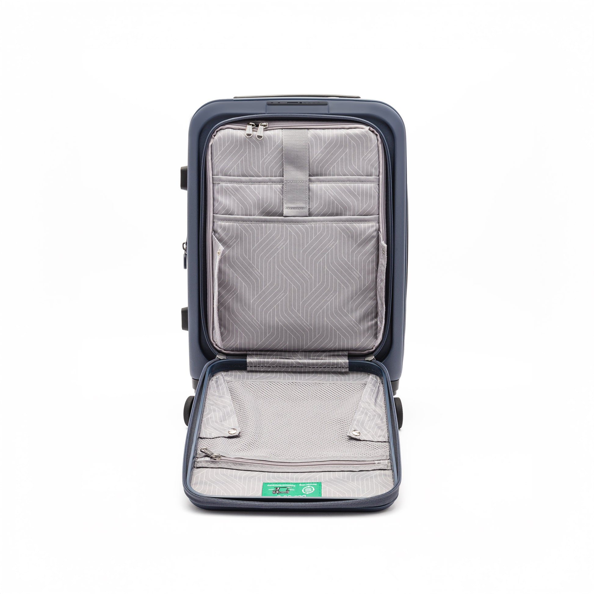 Beside-U Posh Voyage 20" Carry-on: Open polycarbonate suitcase with anti-theft zipper and geometric interior.