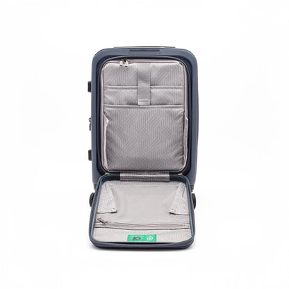 Beside-U Posh Voyage 20" Carry-on: Open polycarbonate suitcase with anti-theft zipper and geometric interior.