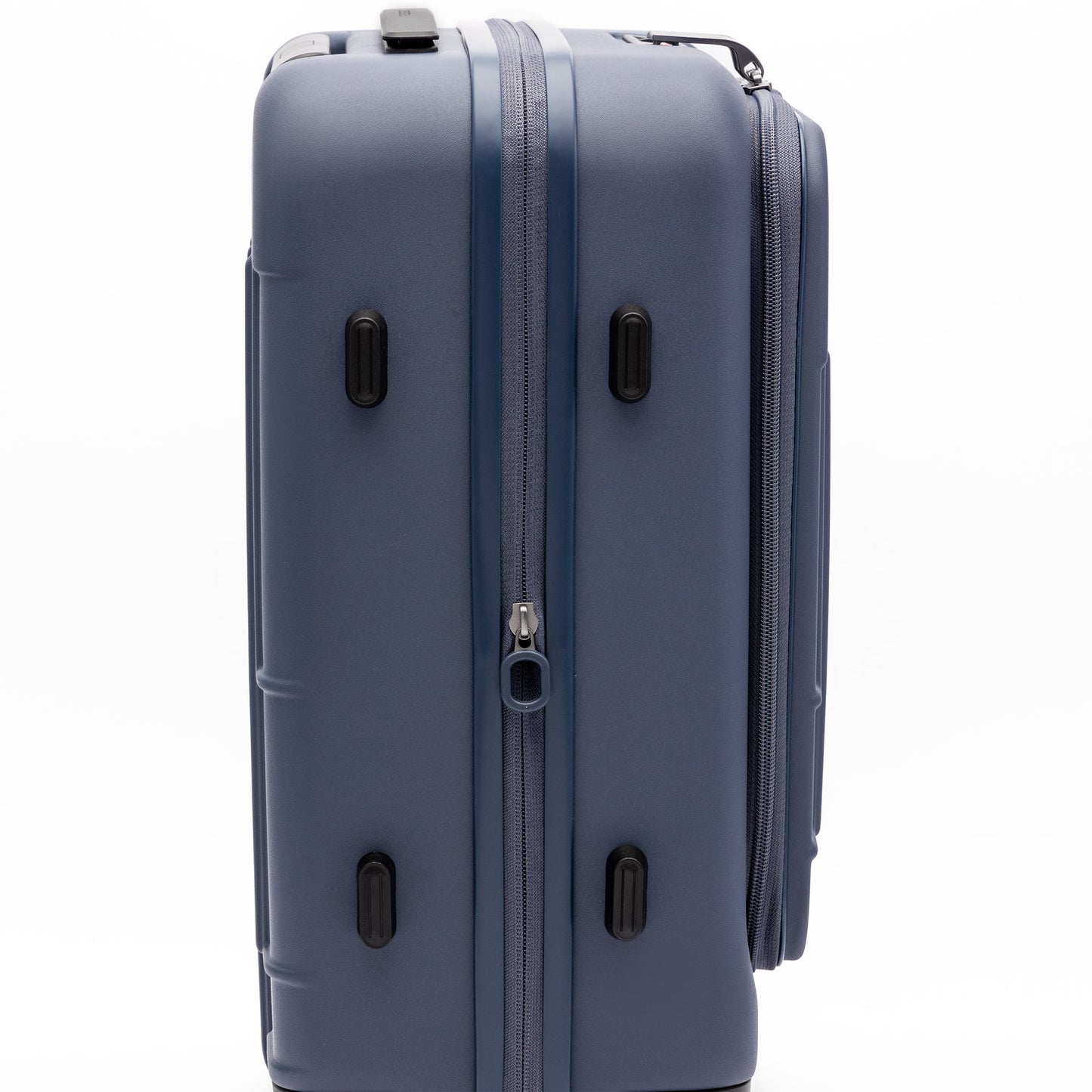 The Beside-U Posh Voyage 20" blue polycarbonate carry-on has side handles, black feet, and a central zipper.