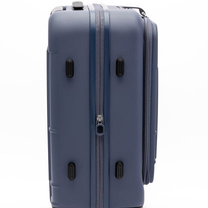 The Beside-U Posh Voyage 20" blue polycarbonate carry-on has side handles, black feet, and a central zipper.