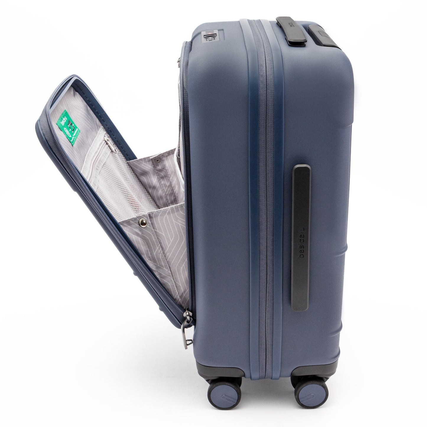 The Beside-U Posh Voyage 20" Carry-on is a hard-shell, four-wheel suitcase with an open front—ideal for travel.