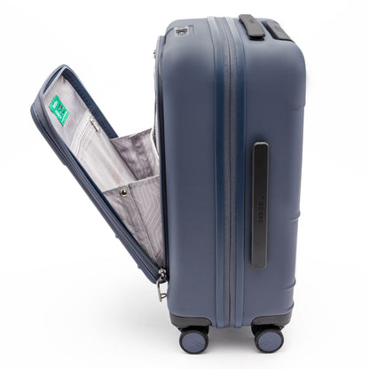The Beside-U Posh Voyage 20" Carry-on is a hard-shell, four-wheel suitcase with an open front—ideal for travel.