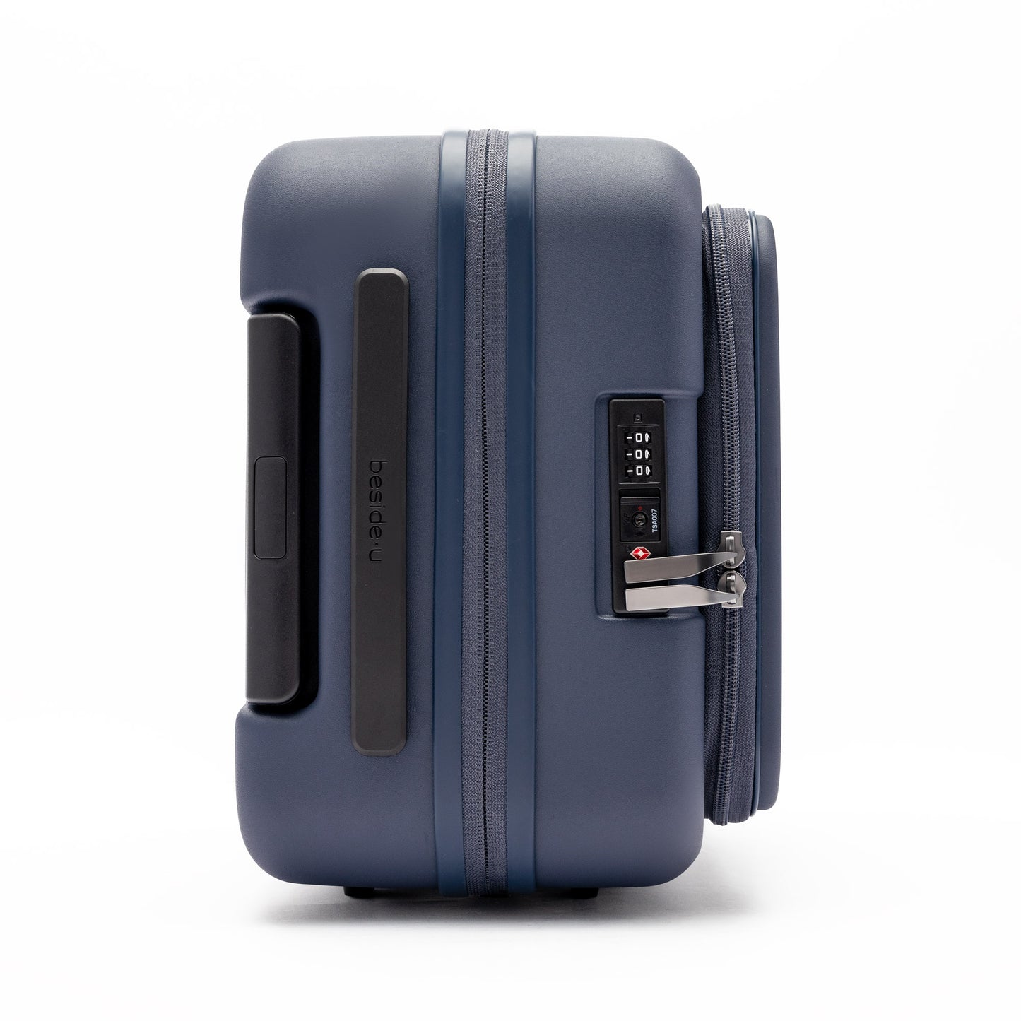 Beside-U Posh Voyage 20" Carry-on in navy blue polycarbonate with TSA lock, shown from the side on white.