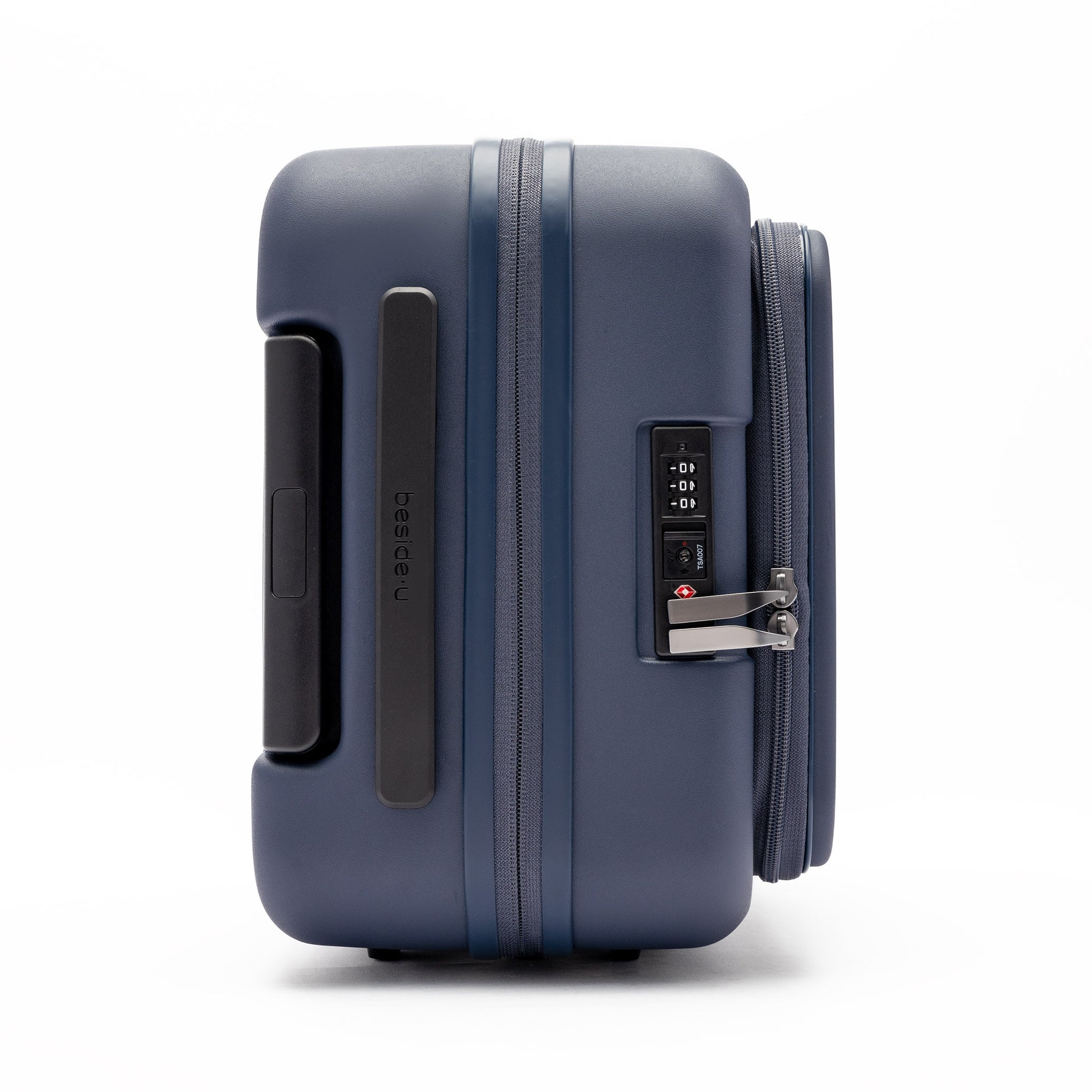 Beside-U Posh Voyage 20" Carry-on in navy blue polycarbonate with TSA lock, shown from the side on white.