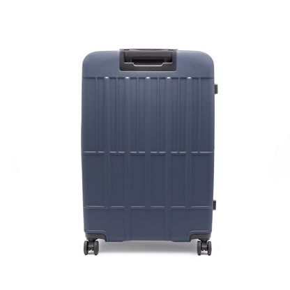 The Beside-U Posh Voyage 24" Hardside Spinner in blue stands upright with four wheels on a white background.
