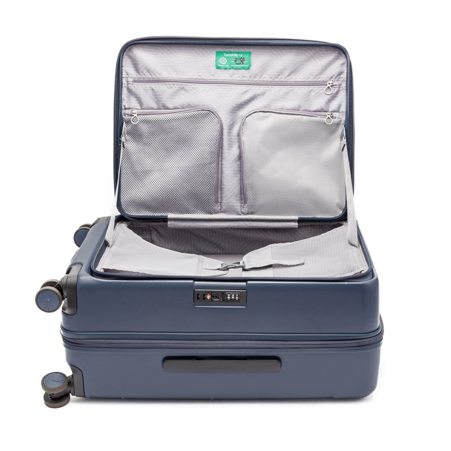Beside-U Posh Voyage 24" Spinner: zippered divider, mesh pockets & built-in combo lock.