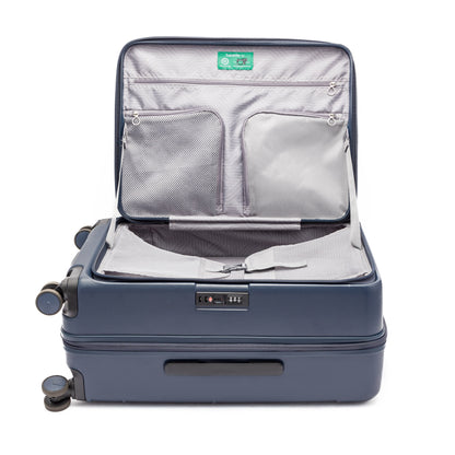 Beside-U Posh Voyage 24" Spinner: zippered divider, mesh pockets & built-in combo lock.