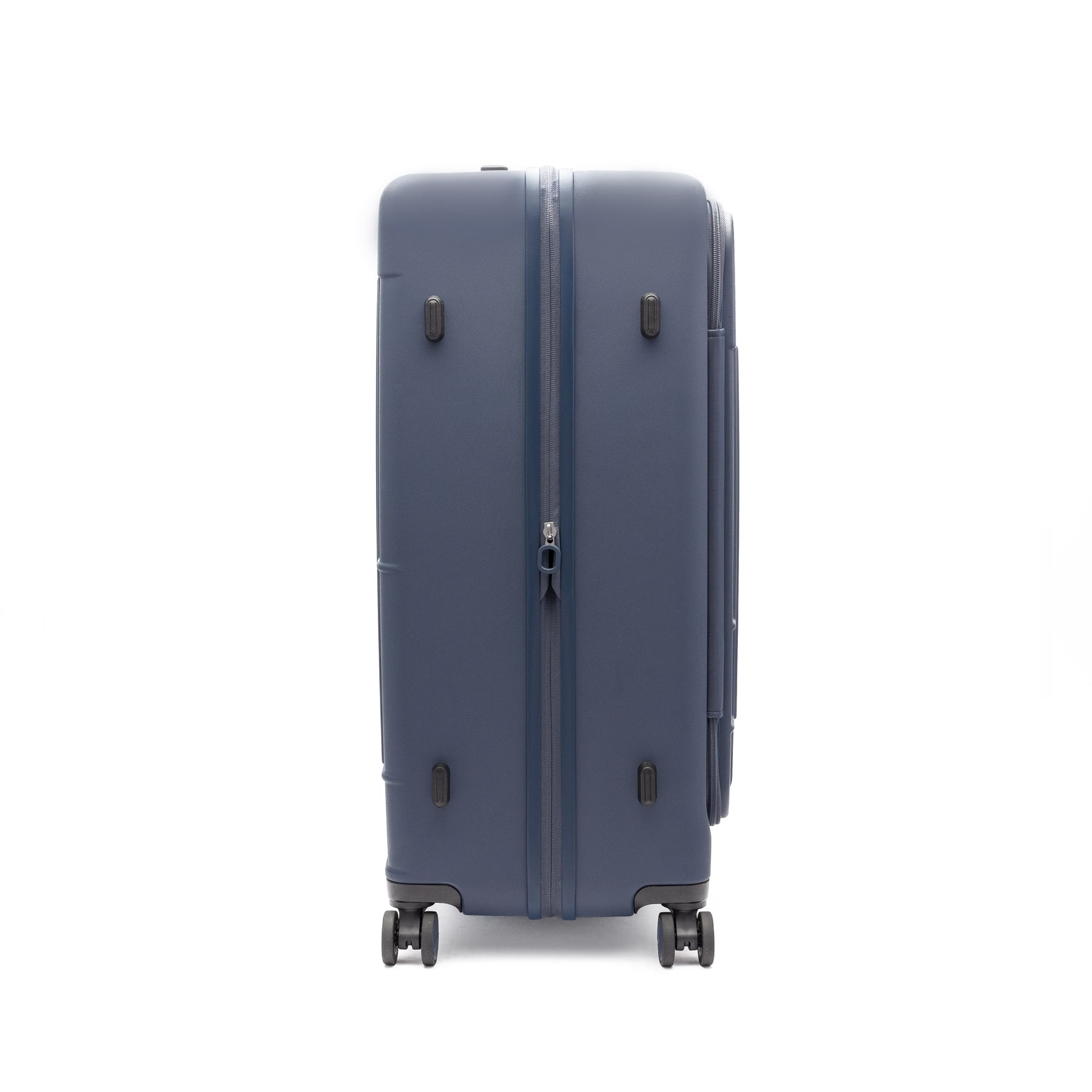 Beside-U Posh Voyage 24" blue hardside spinner suitcase, shown upright sideways on a white background.