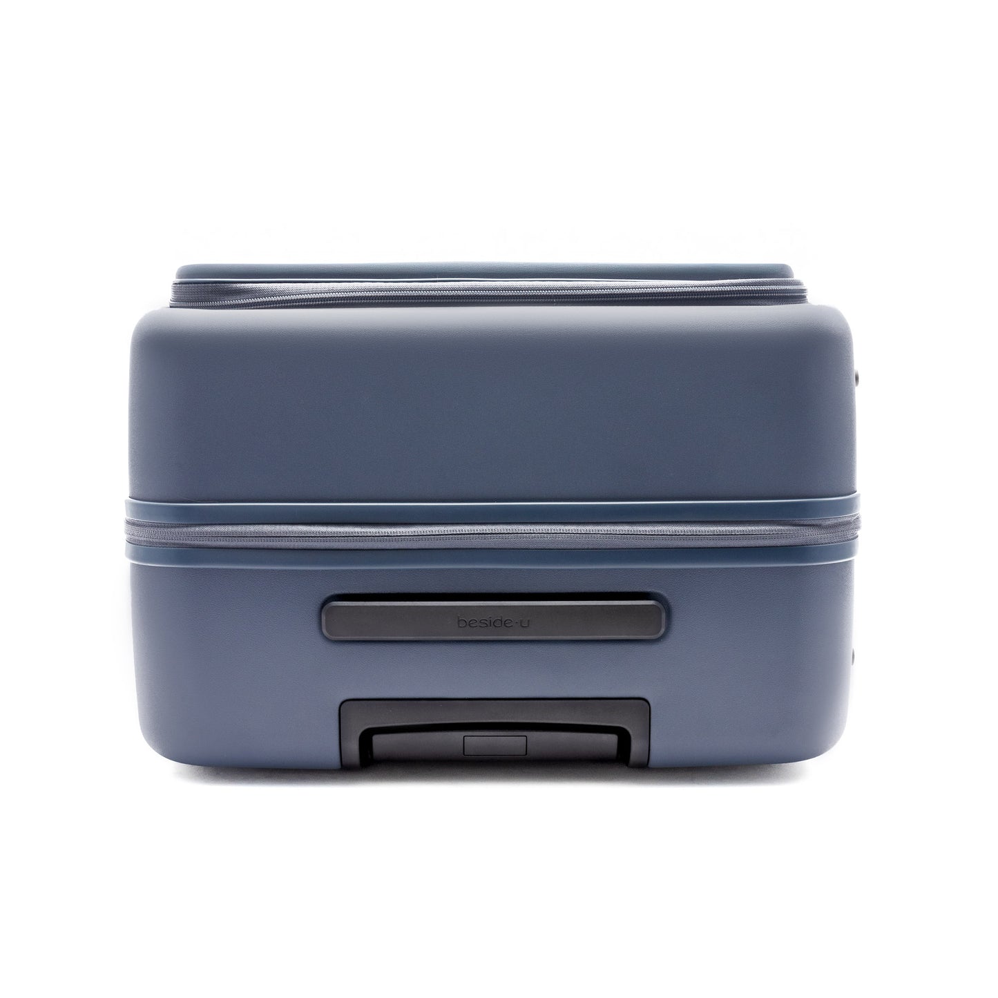 Beside-U Posh Voyage 24" blue hardside spinner shown from the bottom with wheels, handle, and zippered divider.