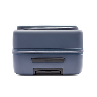 Beside-U Posh Voyage 24" blue hardside spinner shown from the bottom with wheels, handle, and zippered divider.