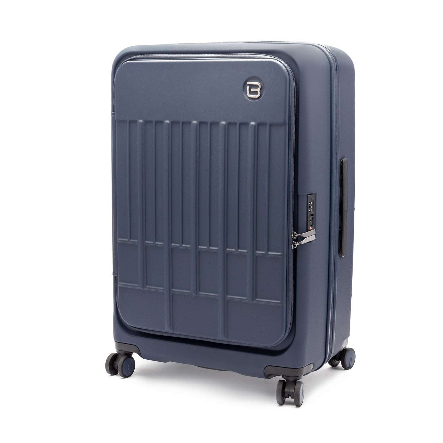 Beside-U Posh Voyage 28" navy hardside expandable spinner suitcase with zip divider and four wheels.