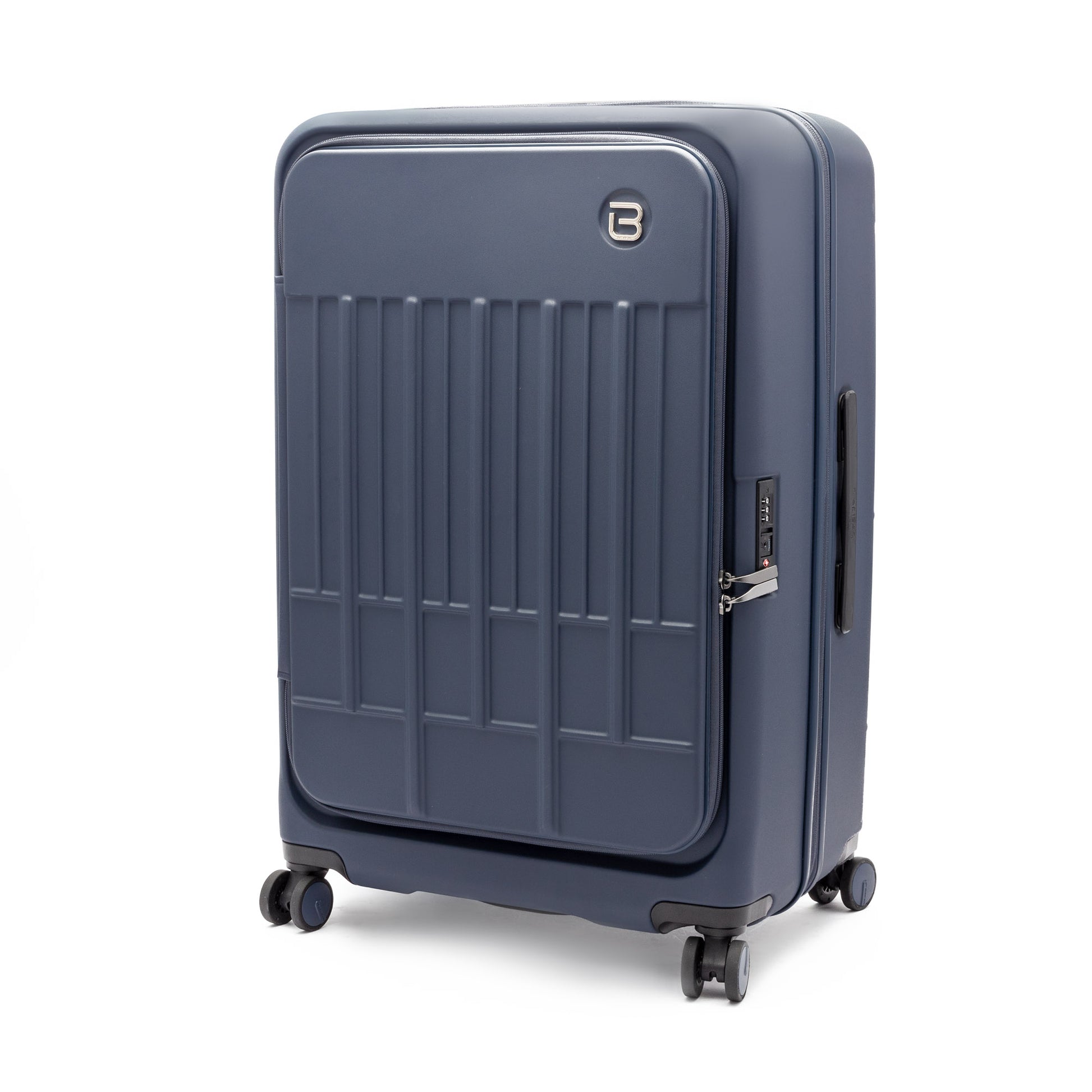 Beside-U Posh Voyage 28" navy hardside expandable spinner suitcase with zip divider and four wheels.