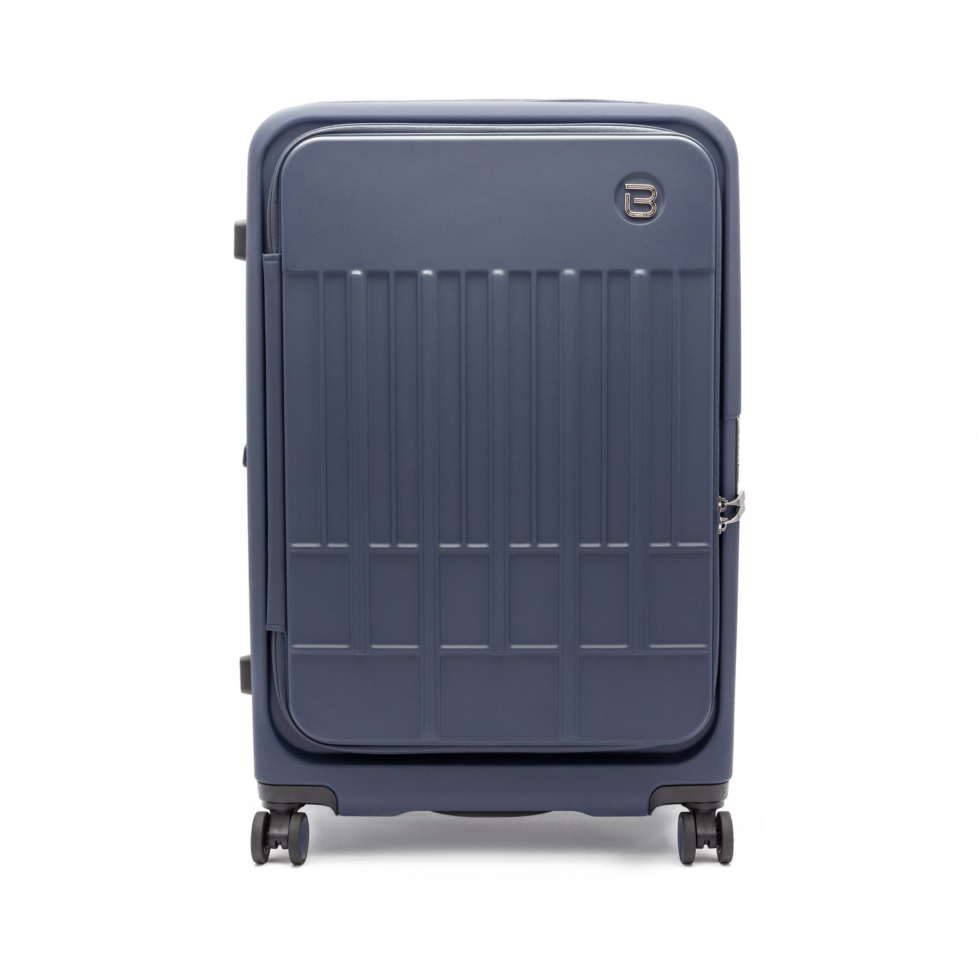 The Beside-U Posh Voyage 28" blue hardside spinner suitcase stands upright on four wheels against a white background.