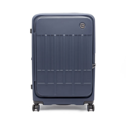 The Beside-U Posh Voyage 28" blue hardside spinner suitcase stands upright on four wheels against a white background.