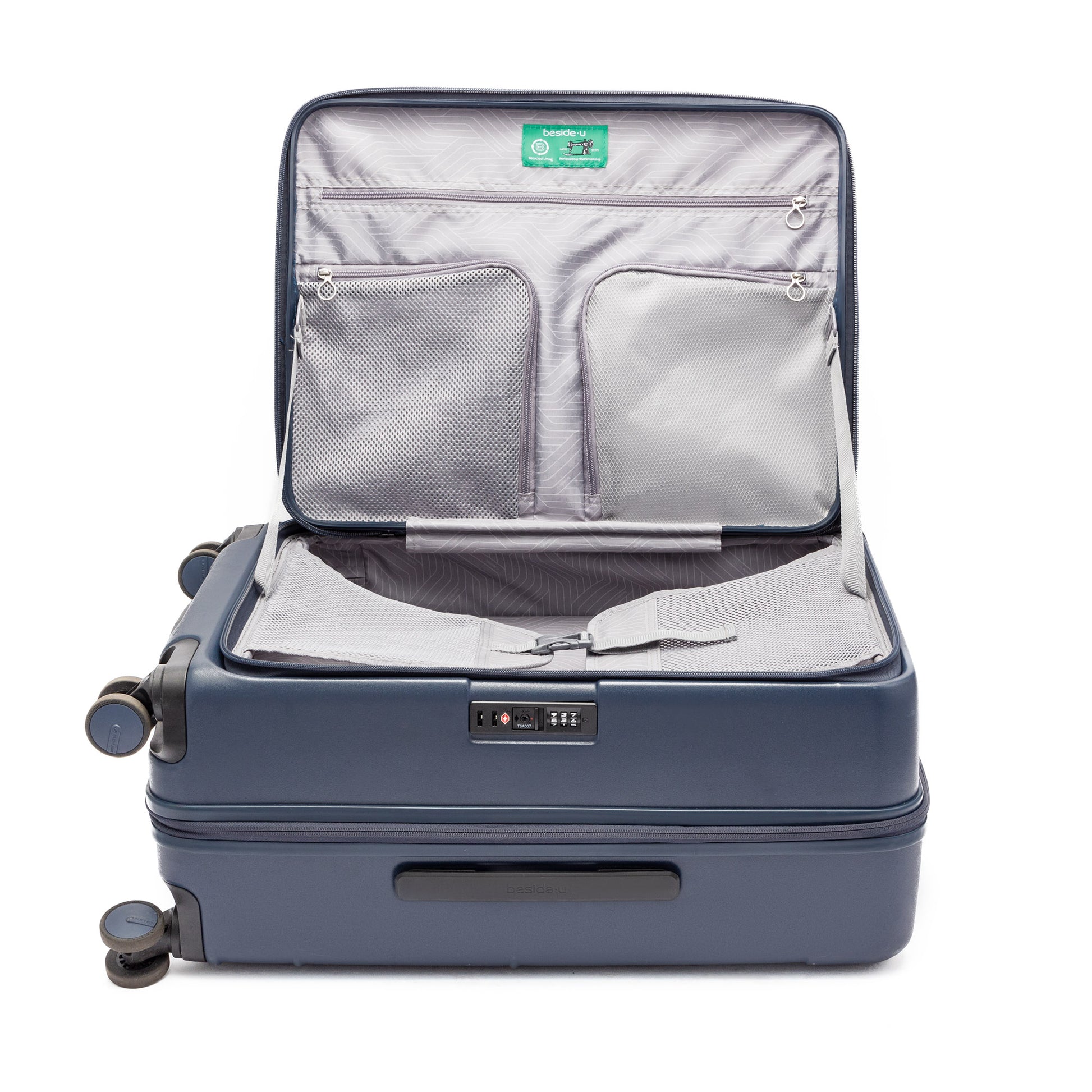 Beside-U Posh Voyage 28" Spinner luggage shows zippered divider, pockets, compartments, and wheels.