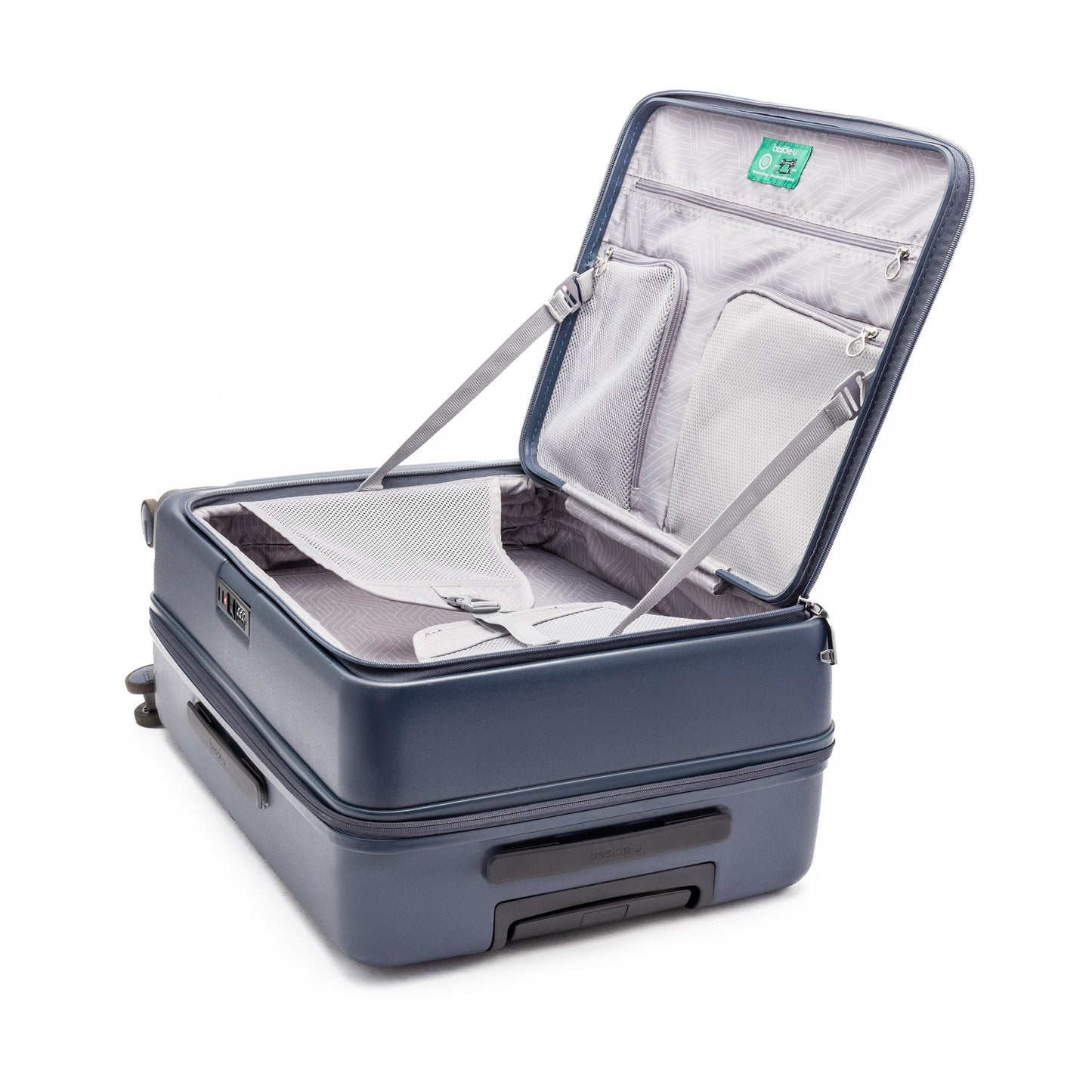 Beside-U Posh Voyage 28" hardside spinner features a zippered divider, pockets, and elastic straps inside.