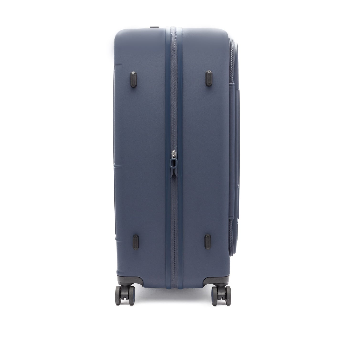 Beside-U Posh Voyage 28" navy hardside spinner with 4 wheels, zippered divider, and secure closure.