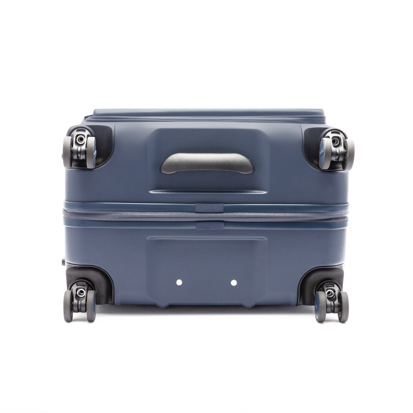 The Beside-U Posh Voyage 24" Hardside Spinner in dark blue lies on its back with four wheels visible.