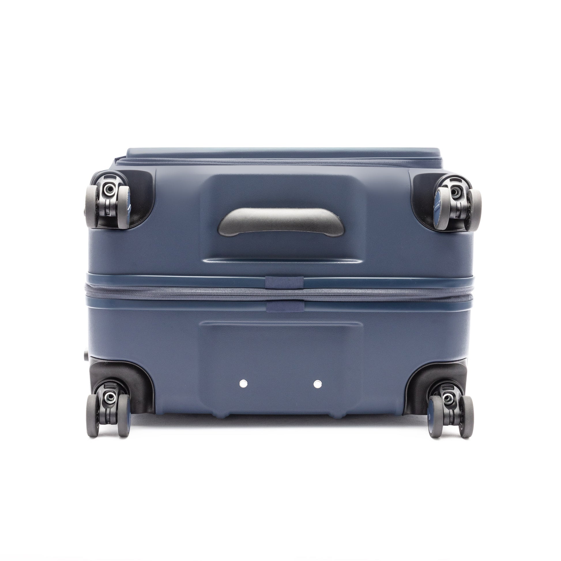 The Beside-U Posh Voyage 24" Hardside Spinner in dark blue lies on its back with four wheels visible.