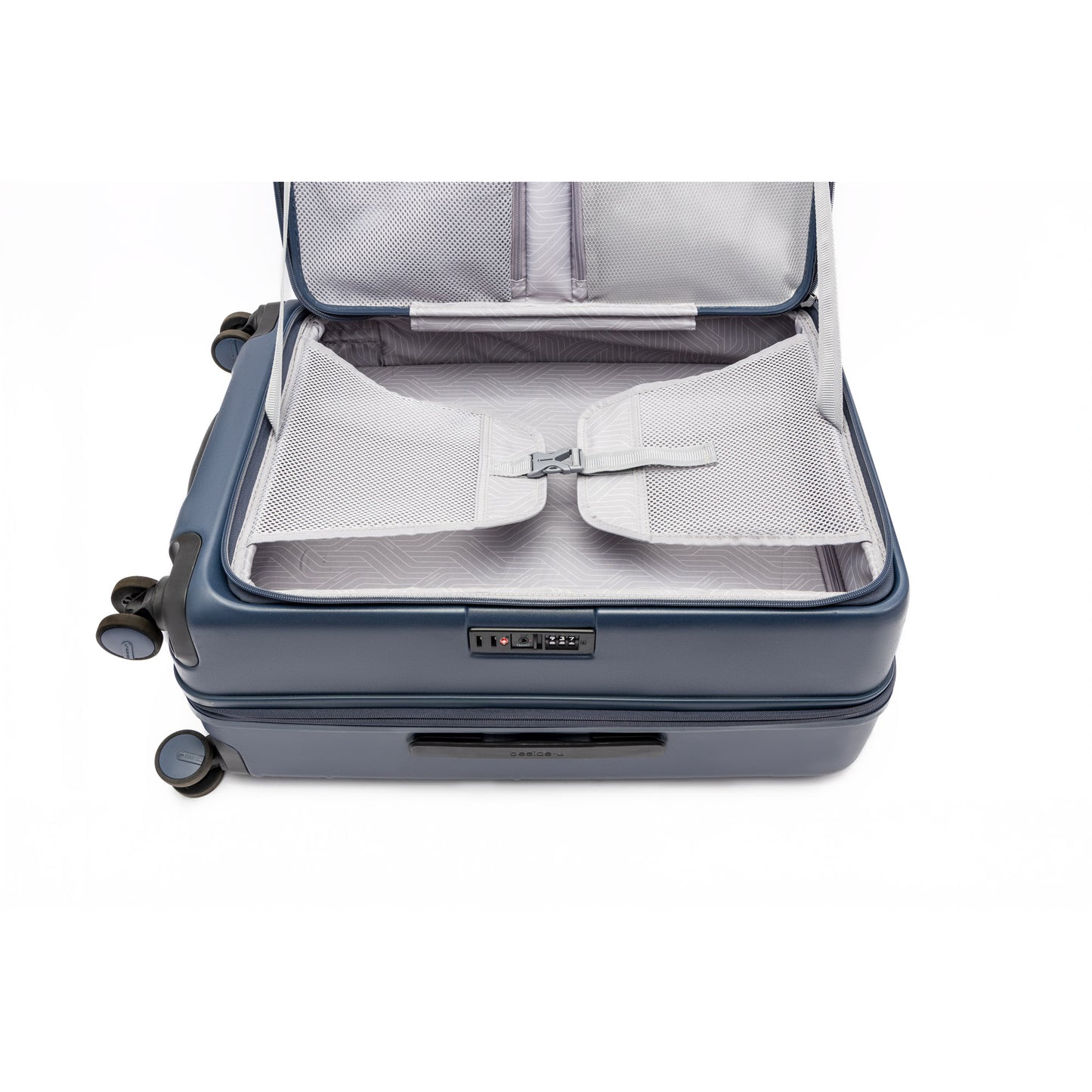 Beside-U Posh Voyage 28" blue spinner luggage with mesh pockets, compression straps, & zippered divider.