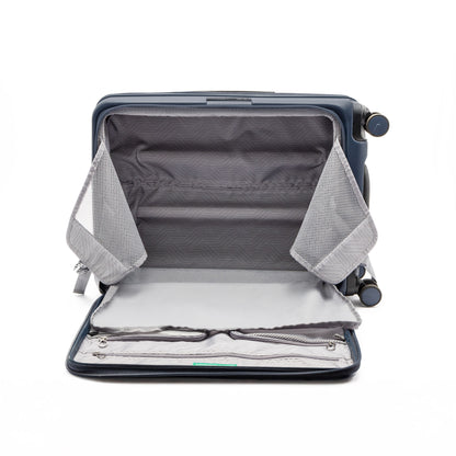 The Beside-U Posh Voyage 28" Spinner, open with gray lining and divider pockets, lies flat on a white background.