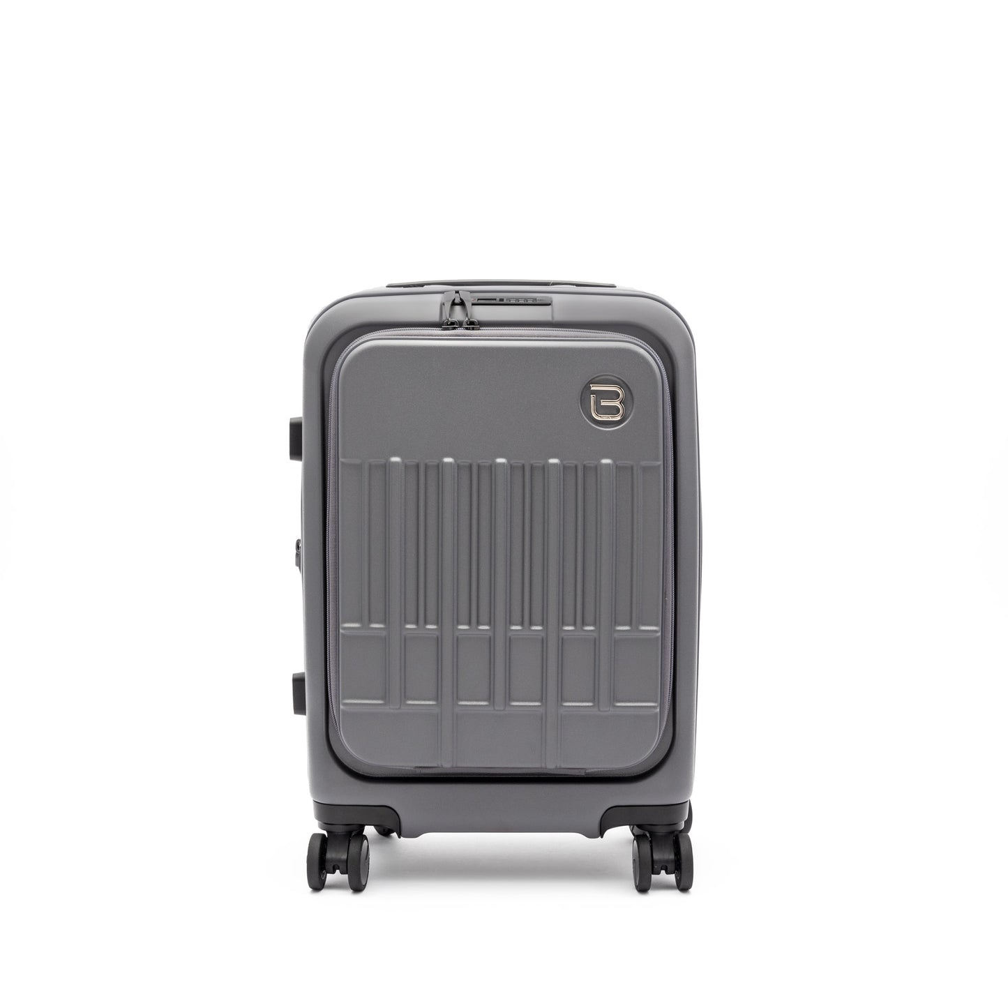Beside-U Posh Voyage 20" Carry-on in gray polycarbonate with four wheels and anti-theft zipper, upright.