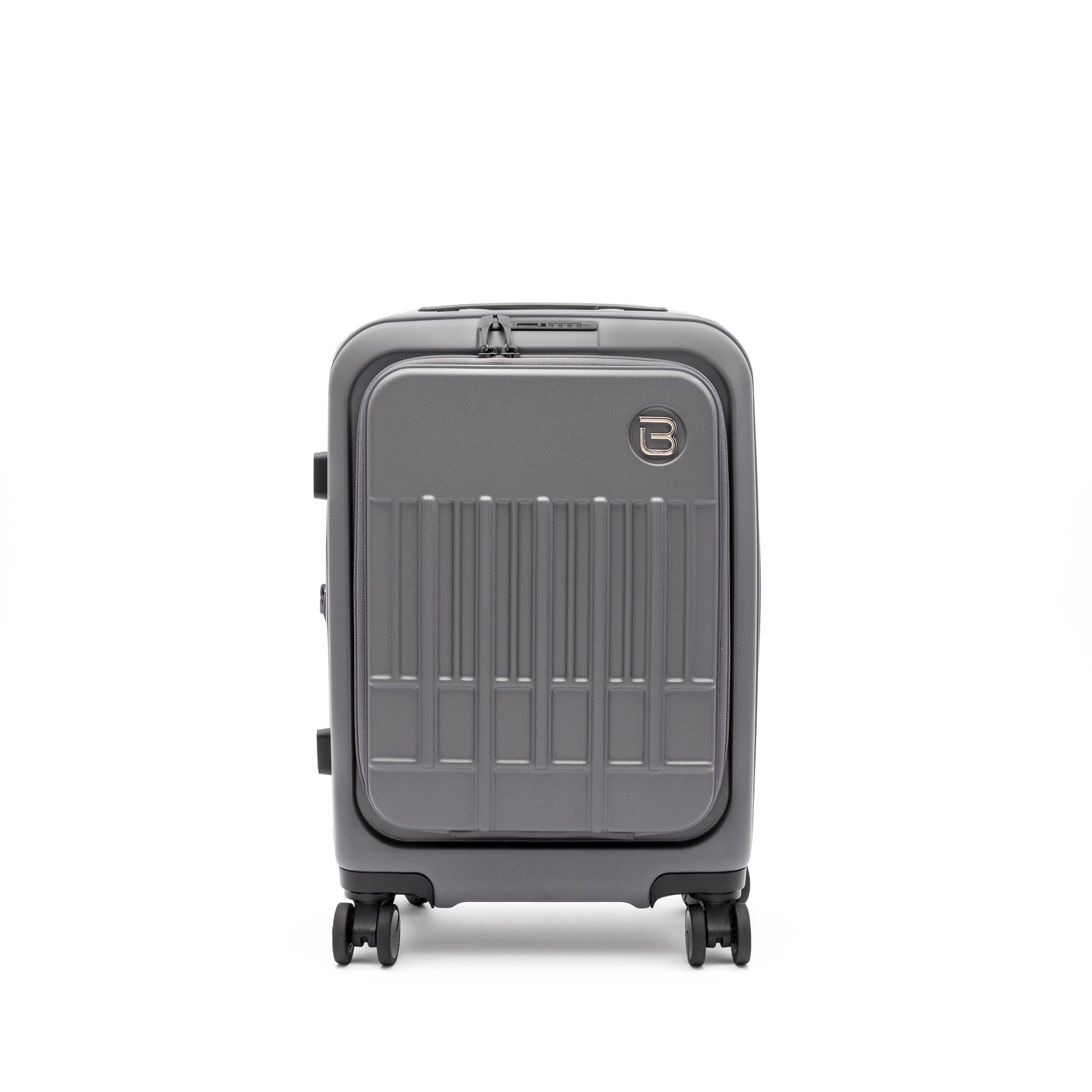 Beside-U Posh Voyage 20" Carry-on in gray polycarbonate with four wheels and anti-theft zipper, upright.