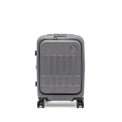 Beside-U Posh Voyage 20" Carry-on in gray polycarbonate with four wheels and anti-theft zipper, upright.
