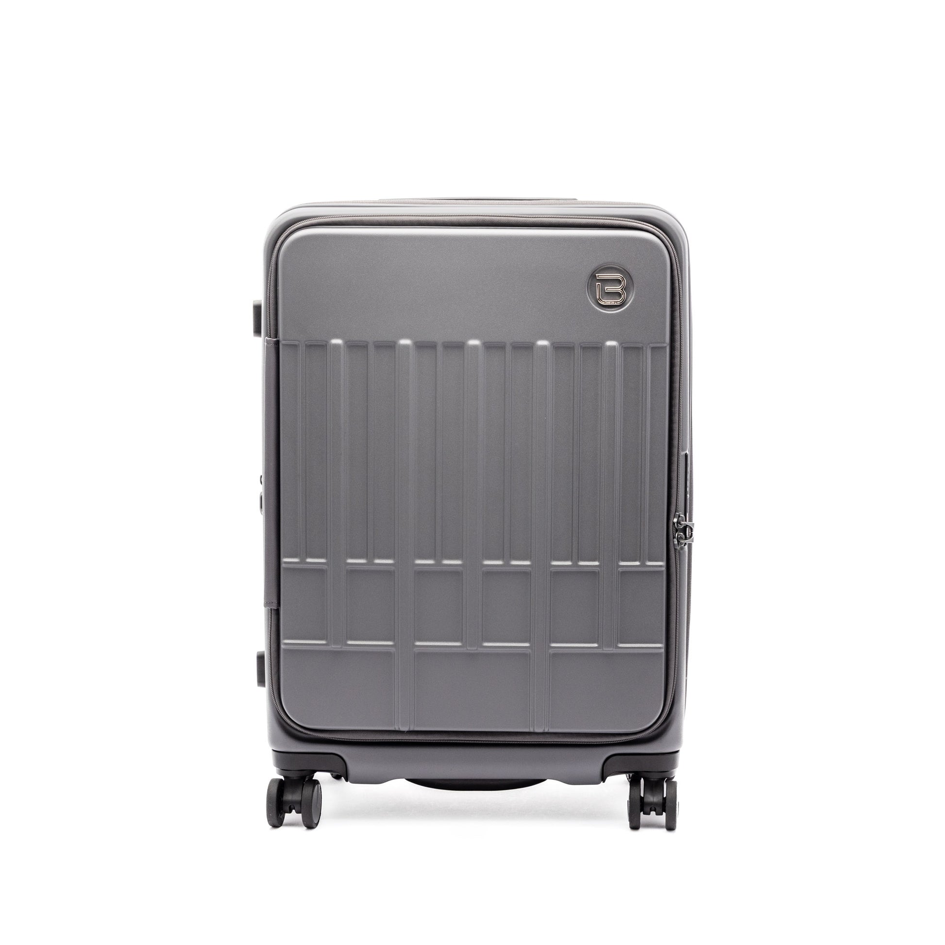 The Beside-U Posh Voyage 24" gray expandable spinner suitcase stands upright on a white background.