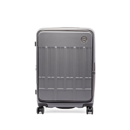 The Beside-U Posh Voyage 24" gray expandable spinner suitcase stands upright on a white background.