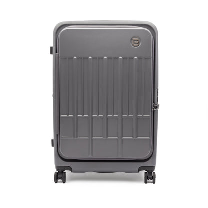 The Beside-U Posh Voyage 28" Hardside Spinner, grey, stands upright on four wheels against a white background.