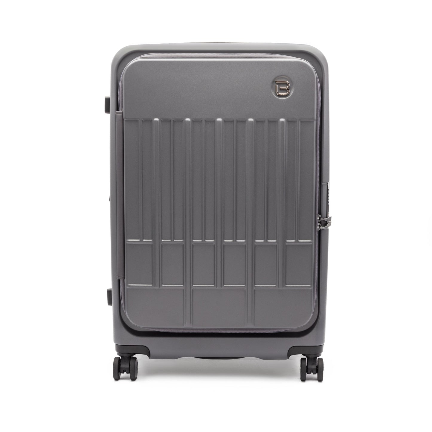 The Beside-U Posh Voyage 28" Hardside Spinner, grey, stands upright on four wheels against a white background.