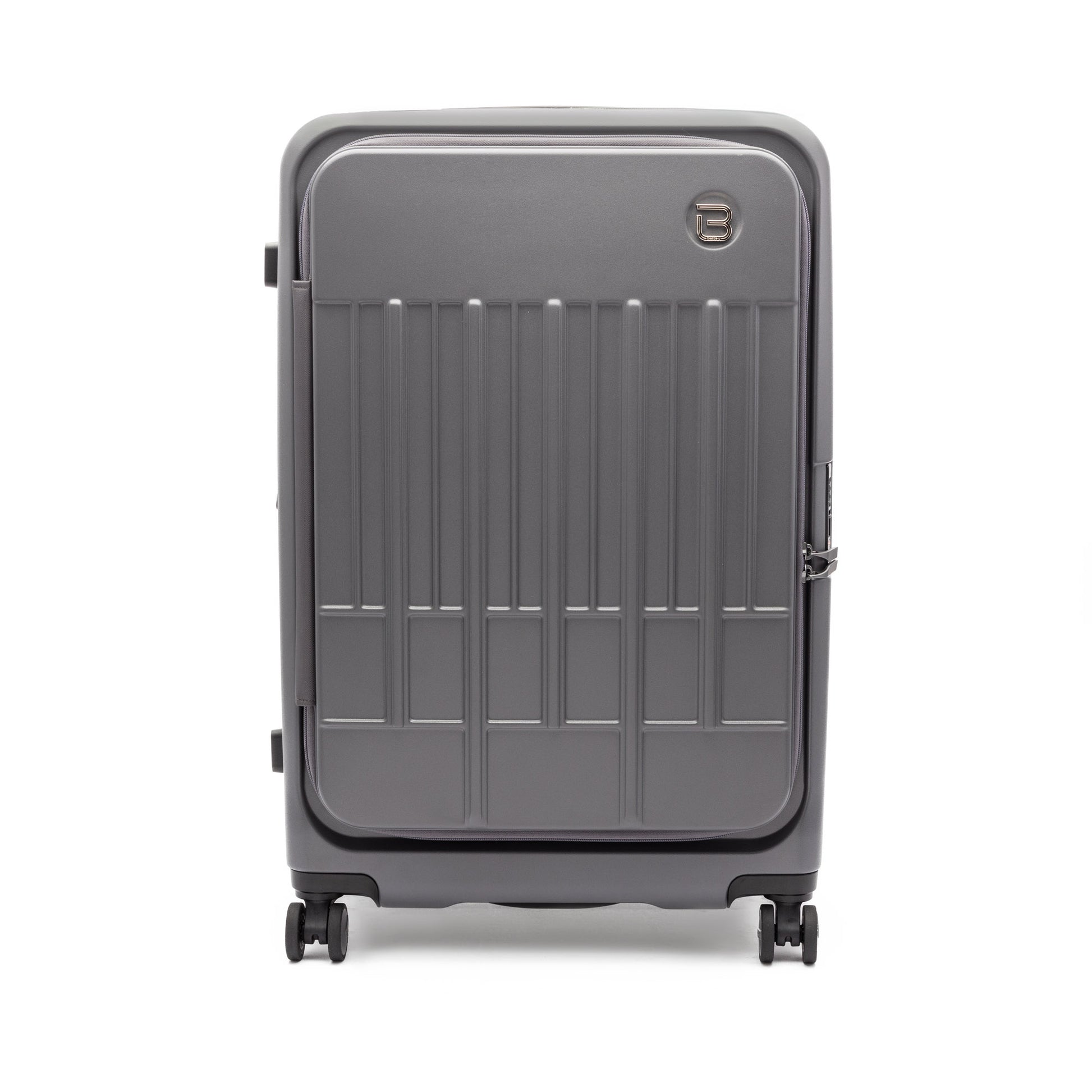 The Beside-U Posh Voyage 28" Hardside Spinner, grey, stands upright on four wheels against a white background.