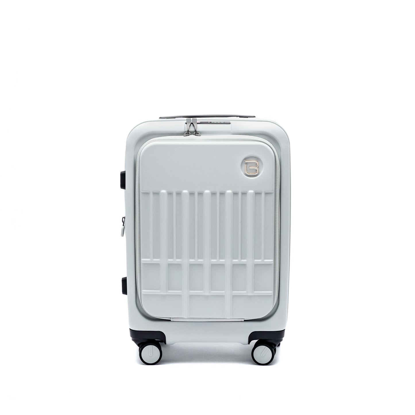 The Beside-U Posh Voyage 20" silver polycarbonate carry-on features four wheels and a top handle.