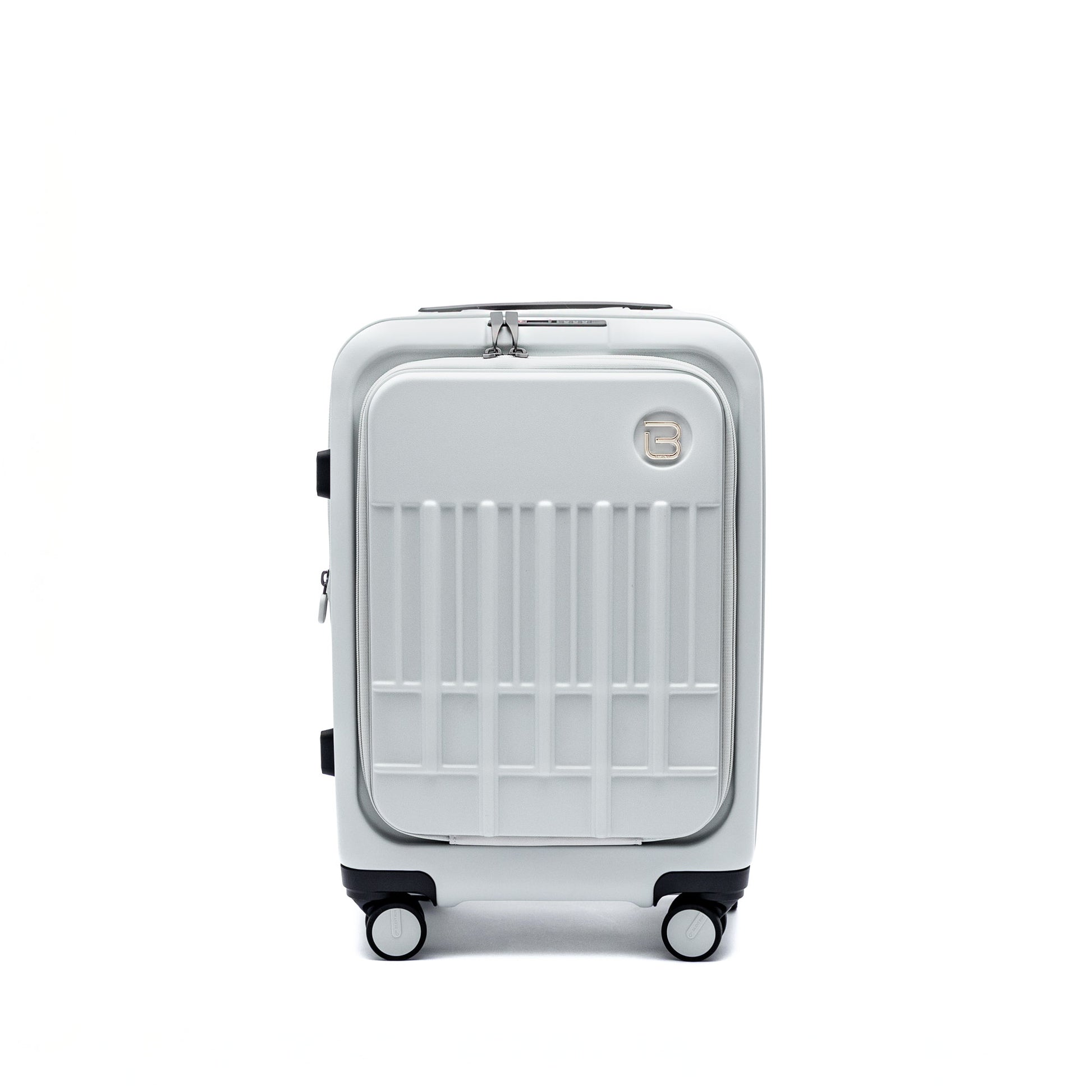 The Beside-U Posh Voyage 20" silver polycarbonate carry-on features four wheels and a top handle.