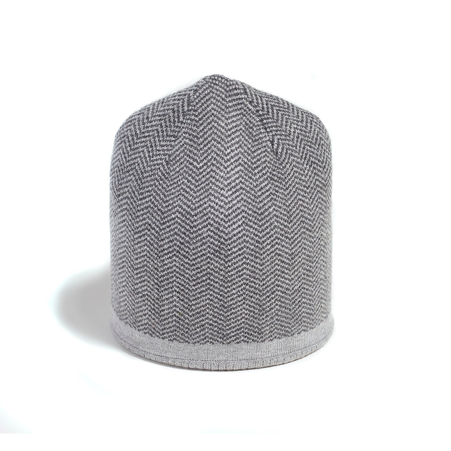 Brume Keele Peak Hat by Brume: a gray unisex knit beanie with herringbone pattern on a white background.