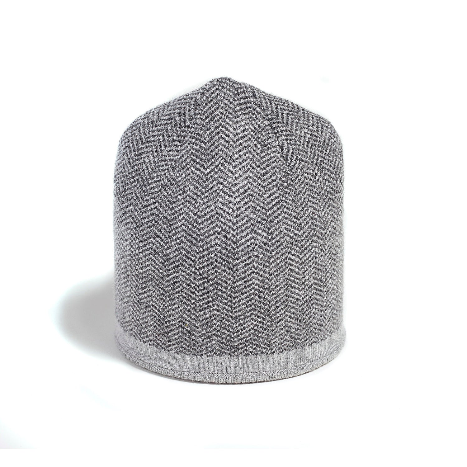 Brume Keele Peak Hat by Brume: a gray unisex knit beanie with herringbone pattern on a white background.