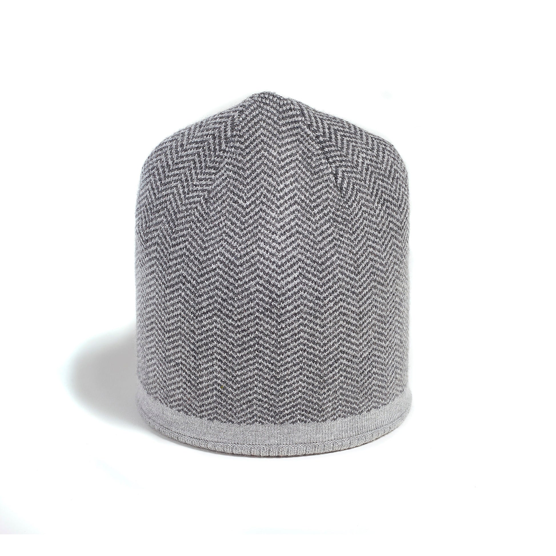 Brume Keele Peak Hat by Brume: a gray unisex knit beanie with herringbone pattern on a white background.