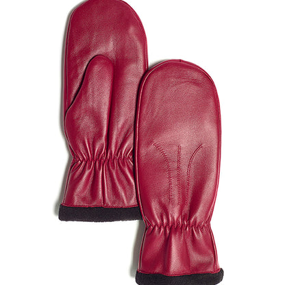 Brume Sutton Mitt in red leather with black fleece edging on cuff