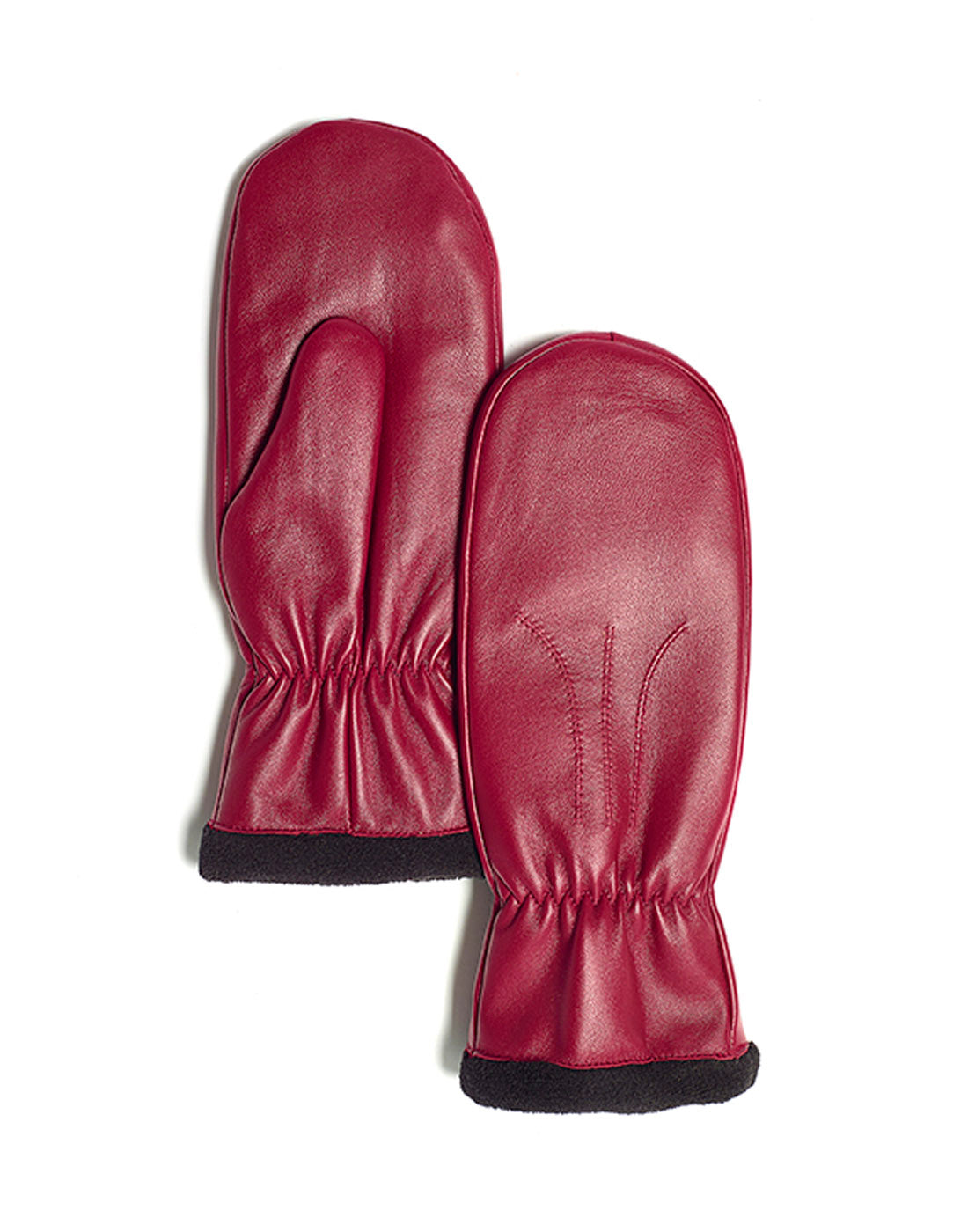 Brume Sutton Mitt in red leather with black fleece edging on cuff