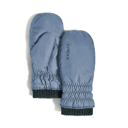A pair of Brume Magog Mitts in light blue, wind and water resistant with ribbed dark cuffs and "BRUME" print.