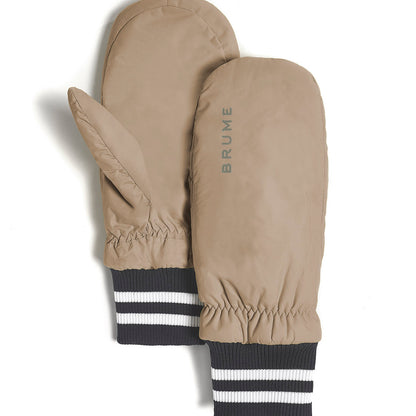 Brume Tundra Mitt in taupe with black and white striped cuff