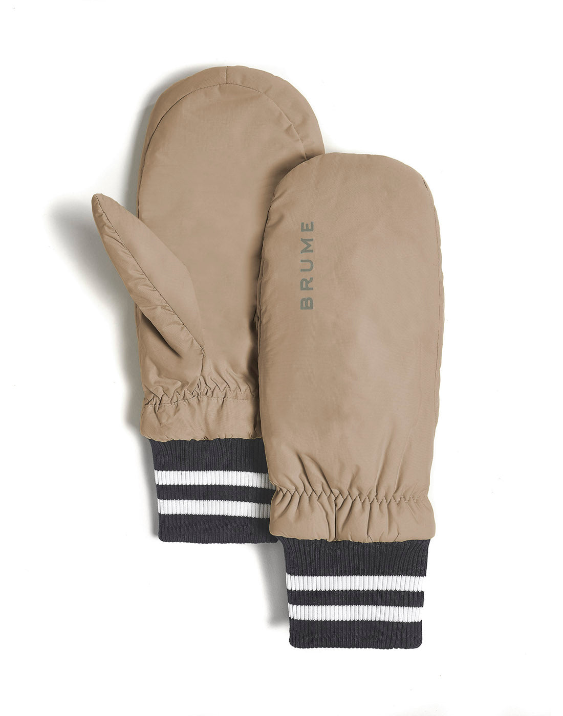 Brume Tundra Mitt in taupe with black and white striped cuff