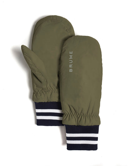 Brume Tundra Mitt in olive green with black and white striped cuff