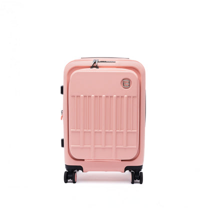 The Beside-U Posh Voyage 20" pink carry-on suitcase stands upright on four wheels against a white background.